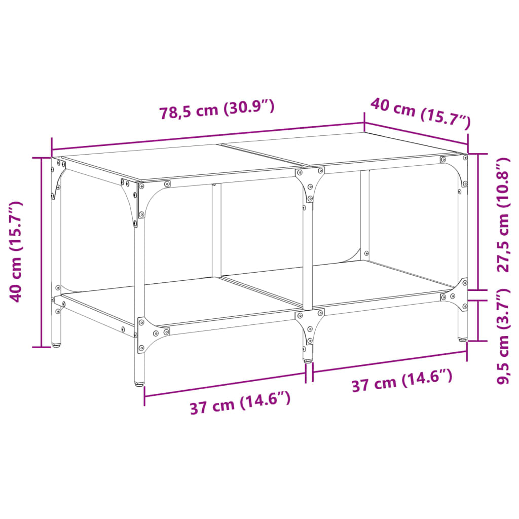 vidaXL Table basse avec dessus en verre transparent 78,5x40x40cm acier