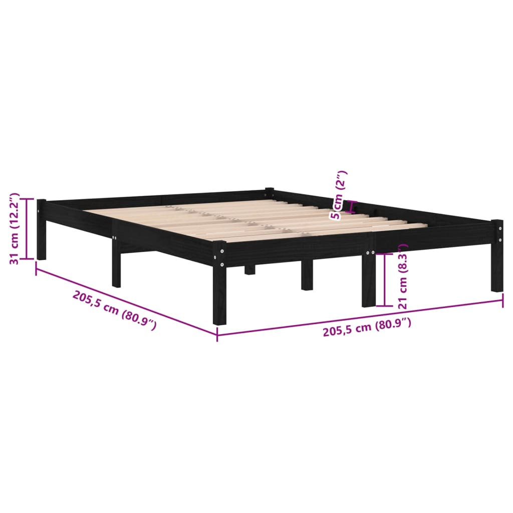 vidaXL Cadre de lit Noir Bois de pin massif 200x200 cm