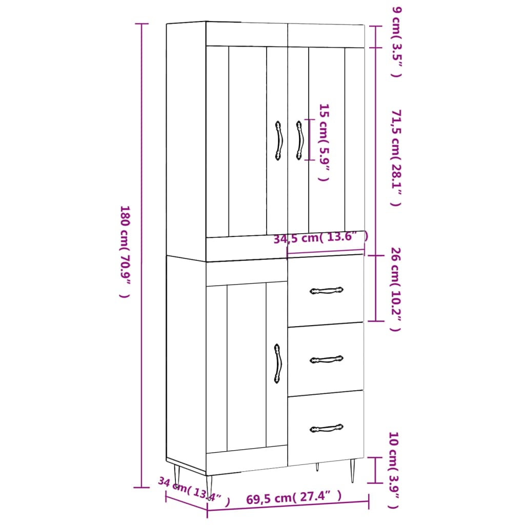 vidaXL Buffet haut Gris béton 69,5x34x180 cm Bois d'ingénierie