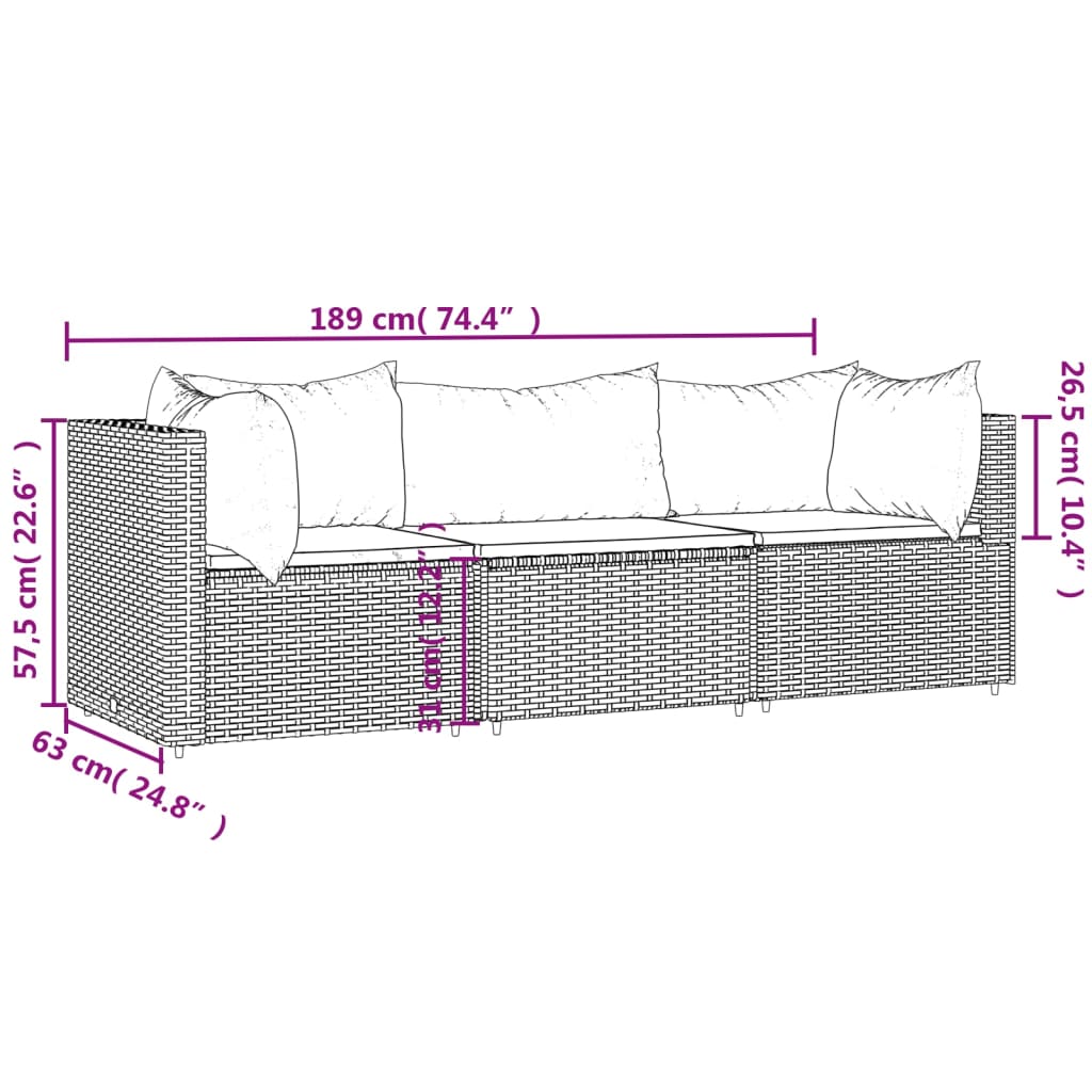 vidaXL Salon de jardin 3 pcs avec coussins Noir Résine tressée