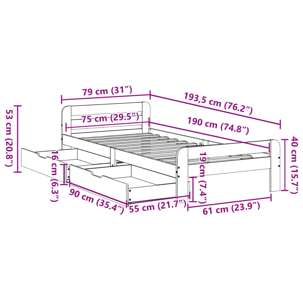 vidaXL Cadre de lit sans matelas 75x190 cm bois de pin massif