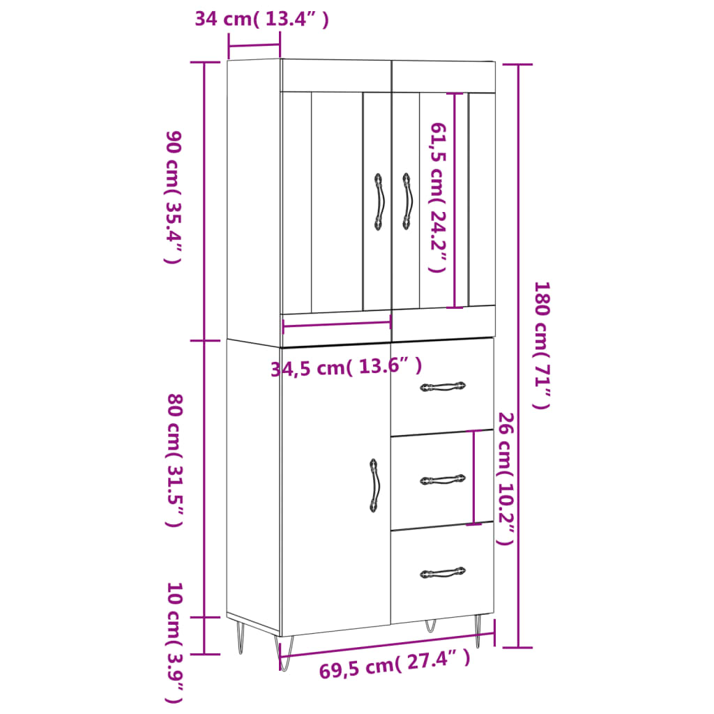 vidaXL Buffet haut Blanc 69,5x34x180 cm Bois d'ingénierie