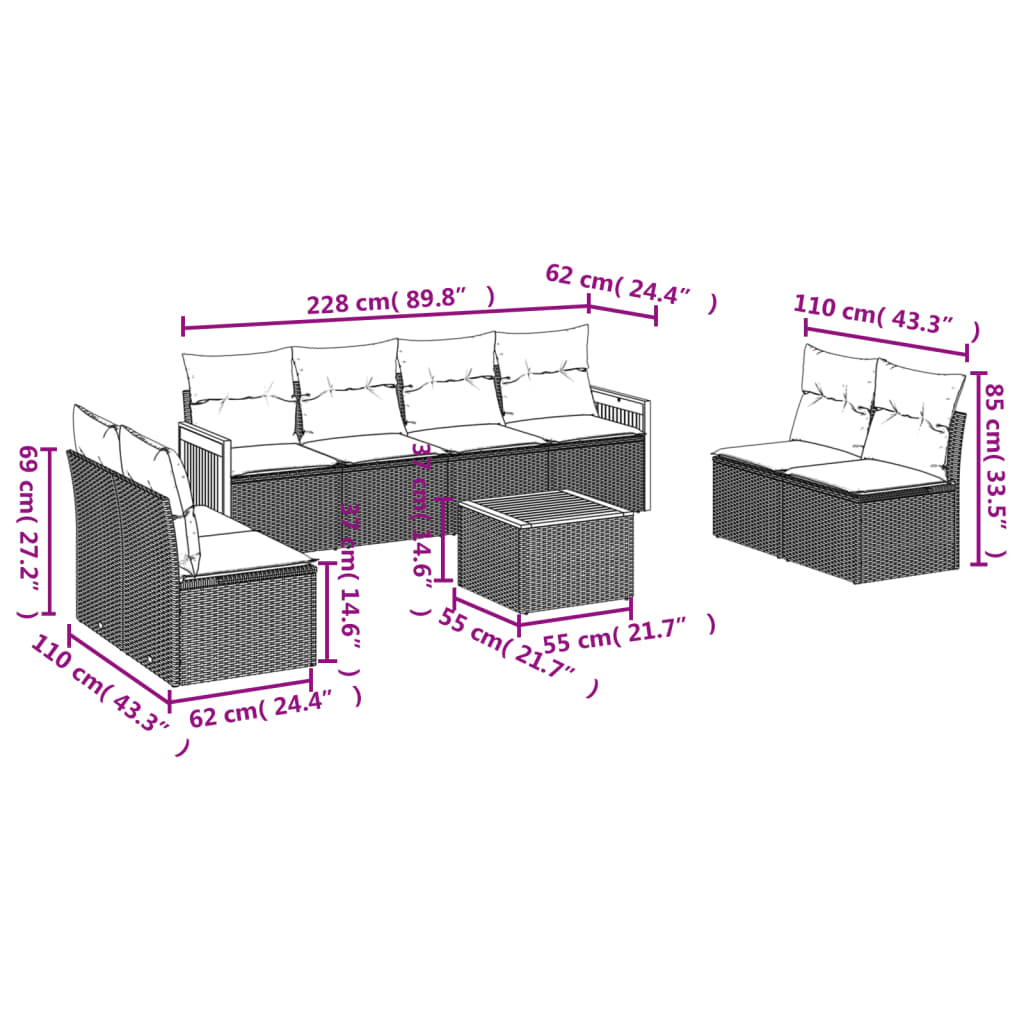 vidaXL Salon de jardin 9 pcs avec coussins noir résine tressée