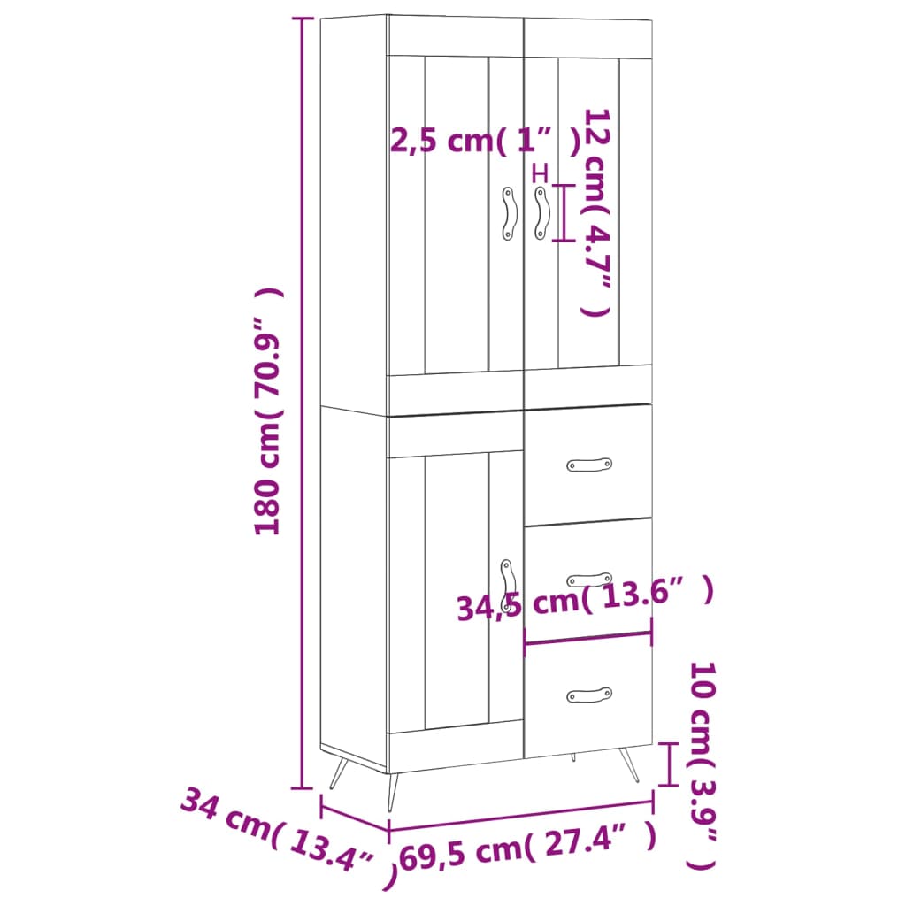 vidaXL Buffet haut Blanc brillant 69,5x34x180 cm Bois d'ingénierie