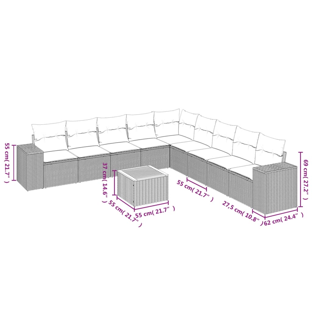 vidaXL Salon de jardin 10 pcs avec coussins noir résine tressée