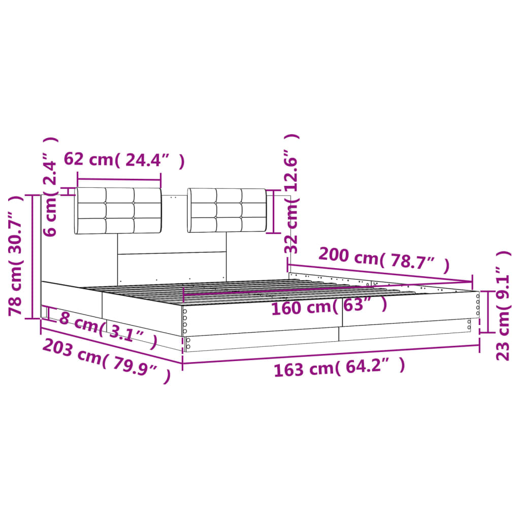 vidaXL Cadre de lit tête de lit et lumières LED chêne sonoma 160x200cm