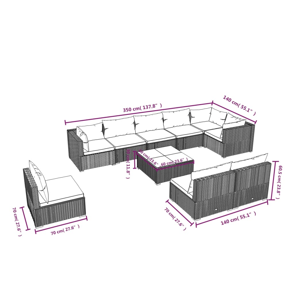 vidaXL Salon de jardin 10 pcs avec coussins Résine tressée Noir