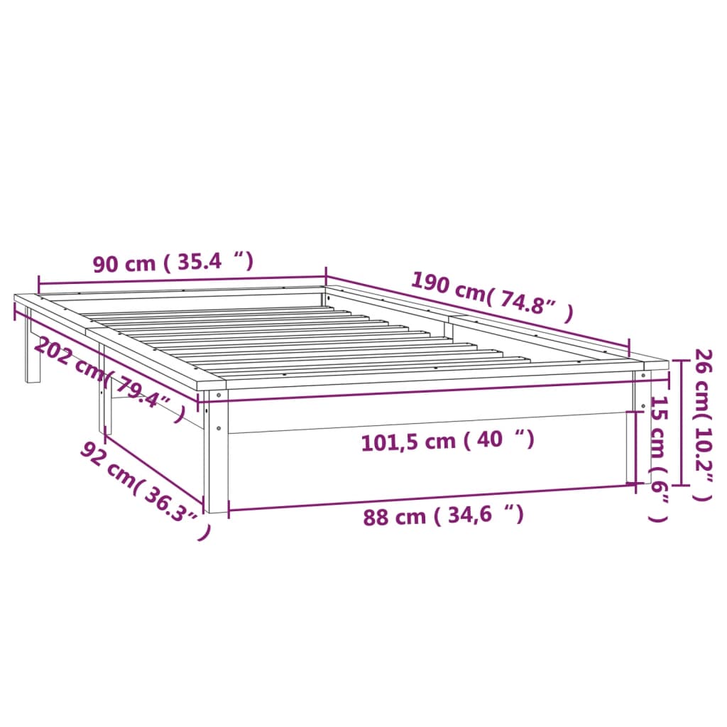 vidaXL Cadre de lit à LED noir 90x190 cm simple bois massif