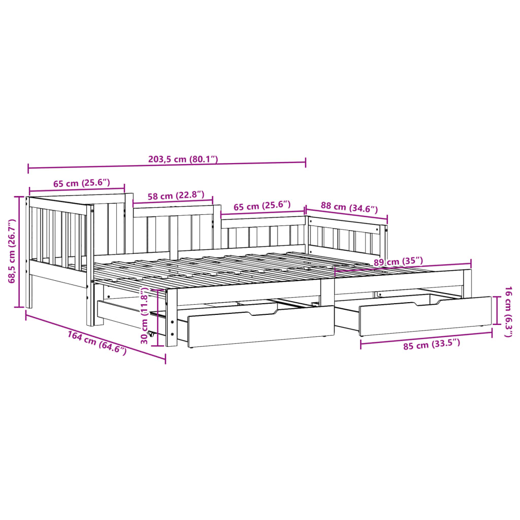 vidaXL Lit de jour et lit gigogne et tiroirs 80x200 cm bois pin massif