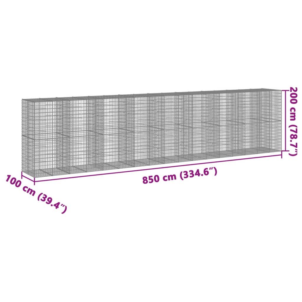 vidaXL Panier gabion avec couvercle 850x100x200 cm fer galvanisé