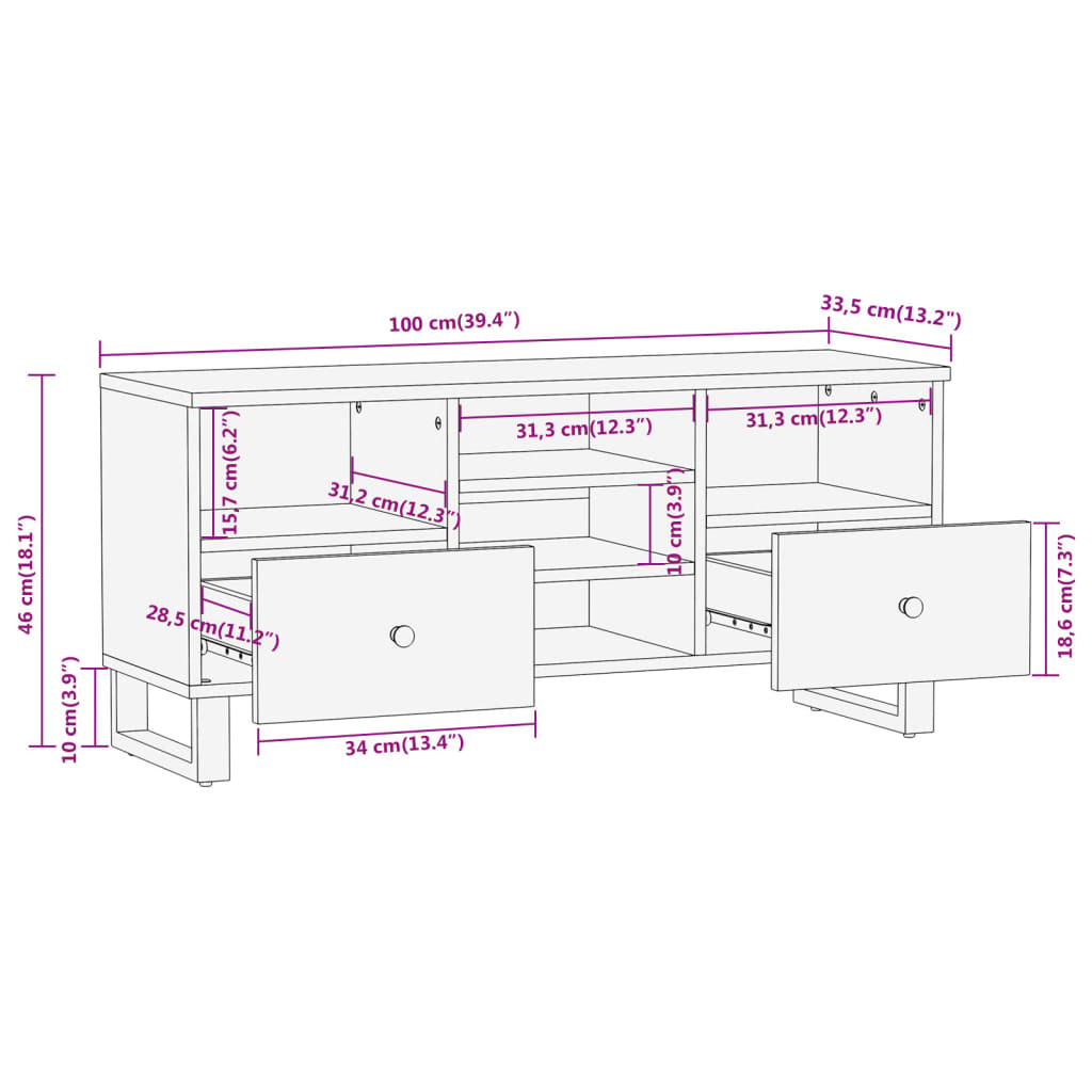 vidaXL Meuble TV marron et noir 100x33,5x46 cm bois massif de manguier