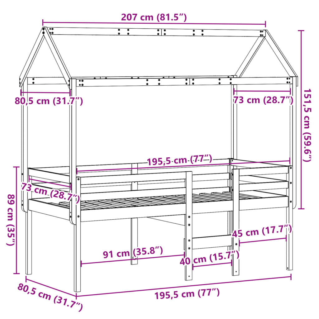 vidaXL Lit haut avec toit cire marron 75x190 cm bois de pin massif