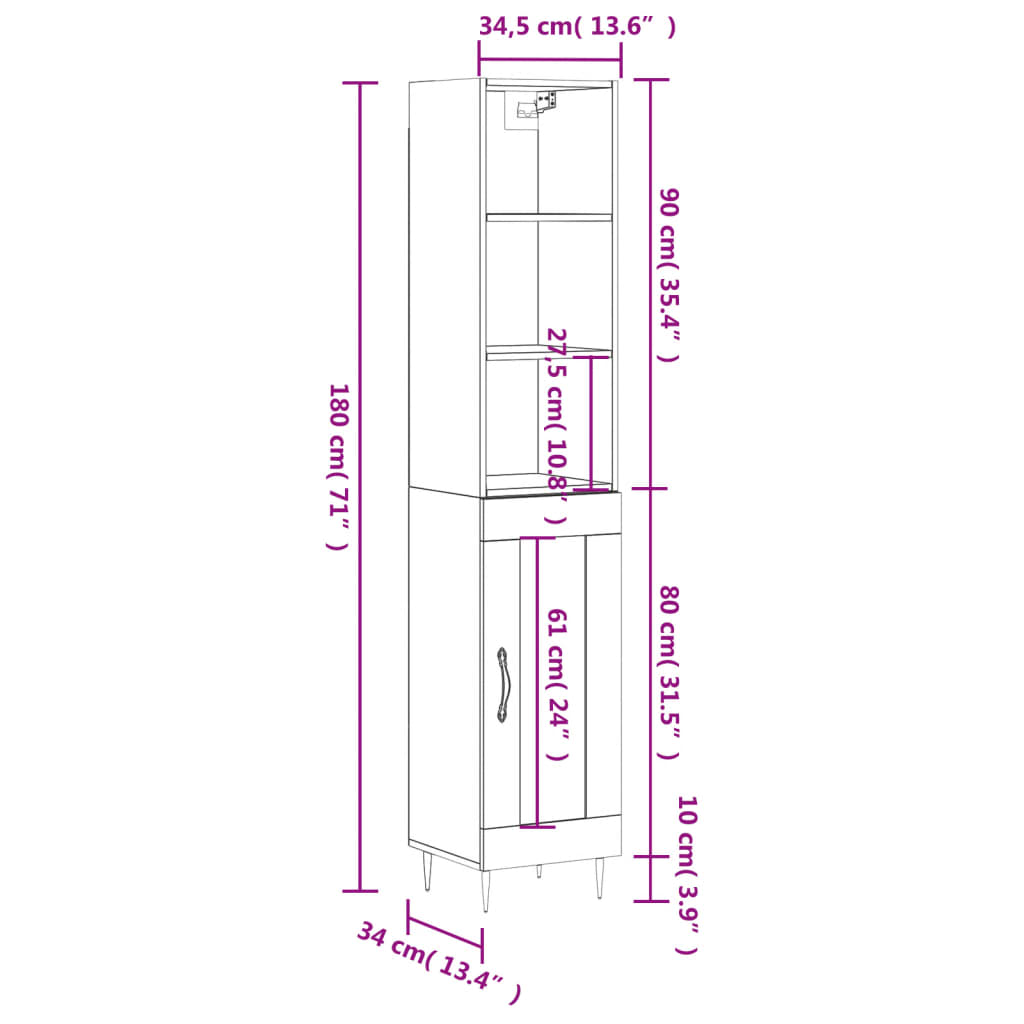 vidaXL Buffet haut Gris béton 34,5x34x180 cm Bois d'ingénierie