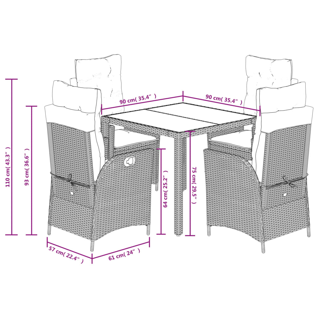 vidaXL Ensemble à manger de jardin coussins 5pcs Noir Résine tressée