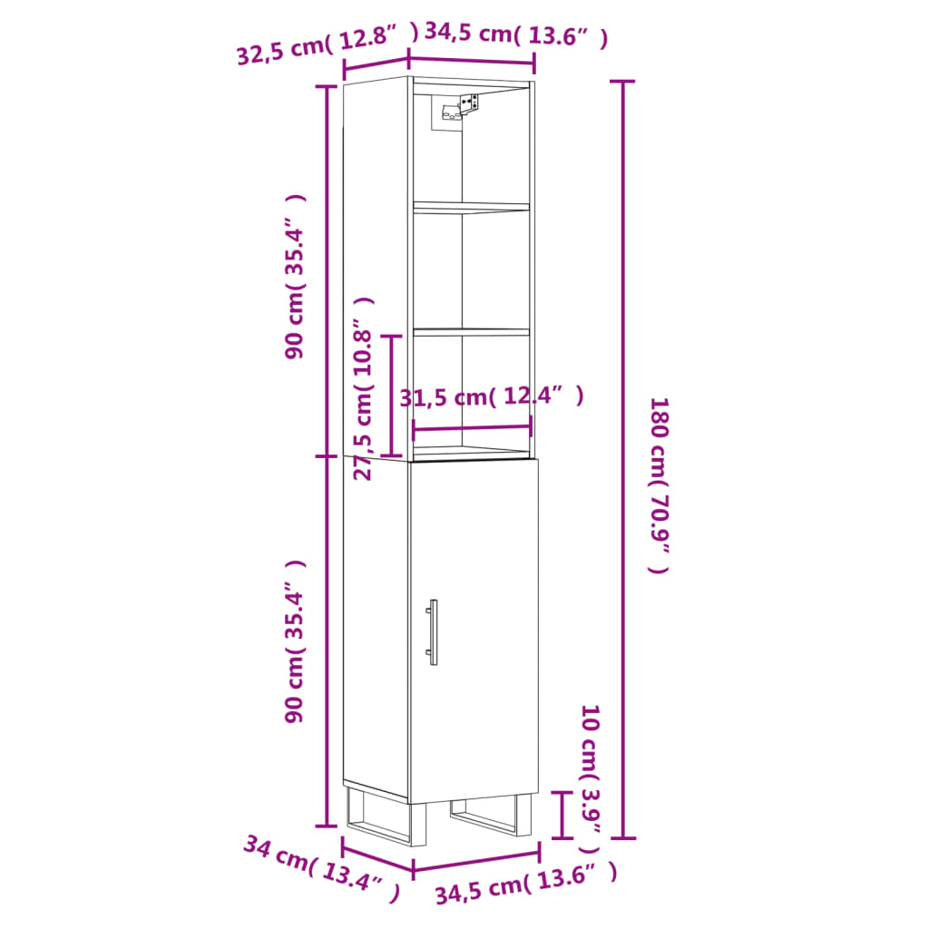 vidaXL Buffet haut Gris béton 34,5x34x180 cm Bois d'ingénierie