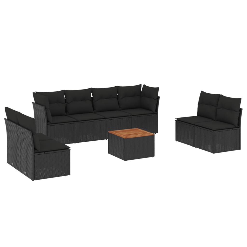 vidaXL Salon de jardin 9 pcs avec coussins noir résine tressée