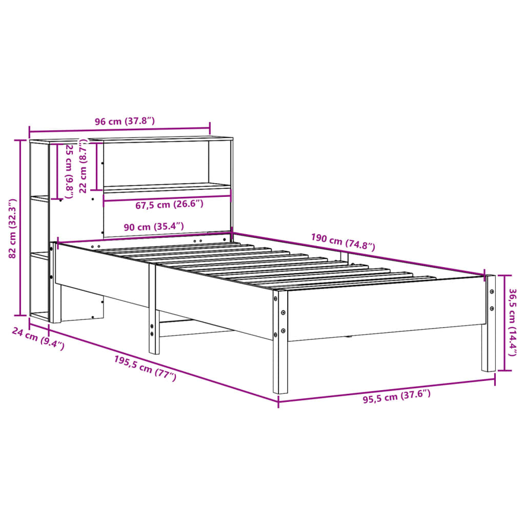 vidaXL Lit bibliothèque sans matelas 90x190 cm bois de pin massif