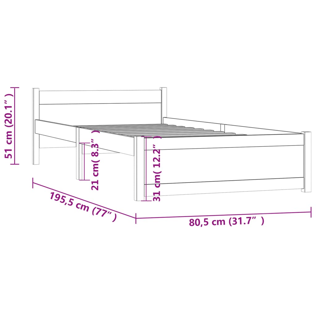 vidaXL Cadre de lit Marron miel Bois massif 75x190 cm Petit simple