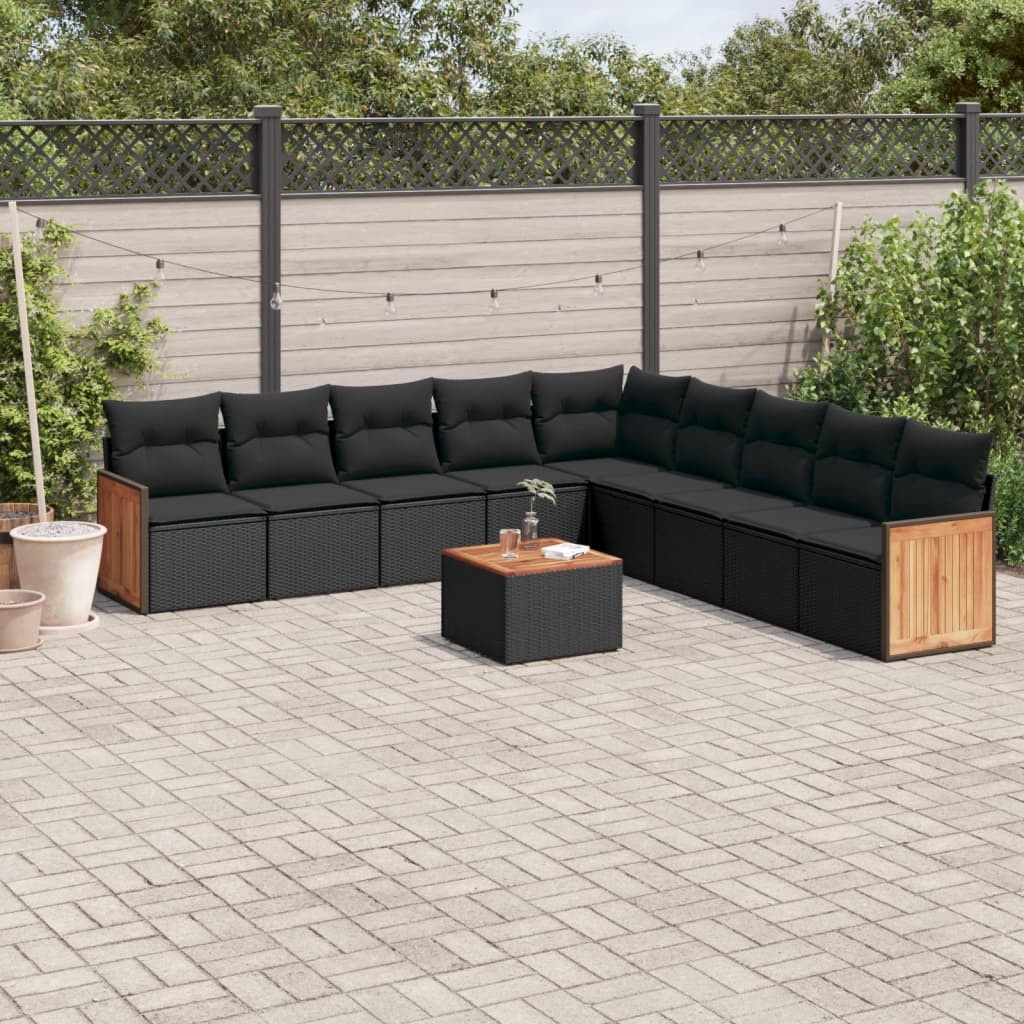 vidaXL Salon de jardin 10 pcs avec coussins noir résine tressée