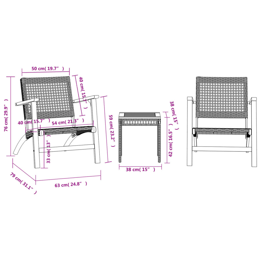 vidaXL Ensemble de bistro 3 pcs noir résine tressée et bois d'acacia