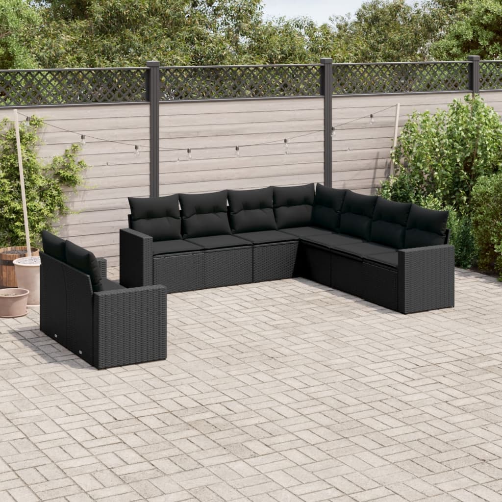 vidaXL Salon de jardin 9 pcs avec coussins noir résine tressée