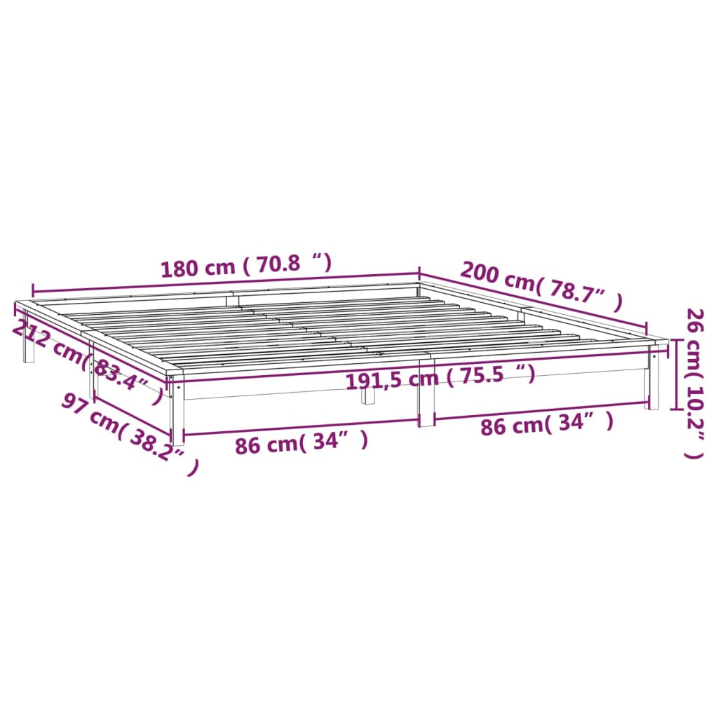 vidaXL Cadre de lit à LED gris 180x200 cm super king bois massif