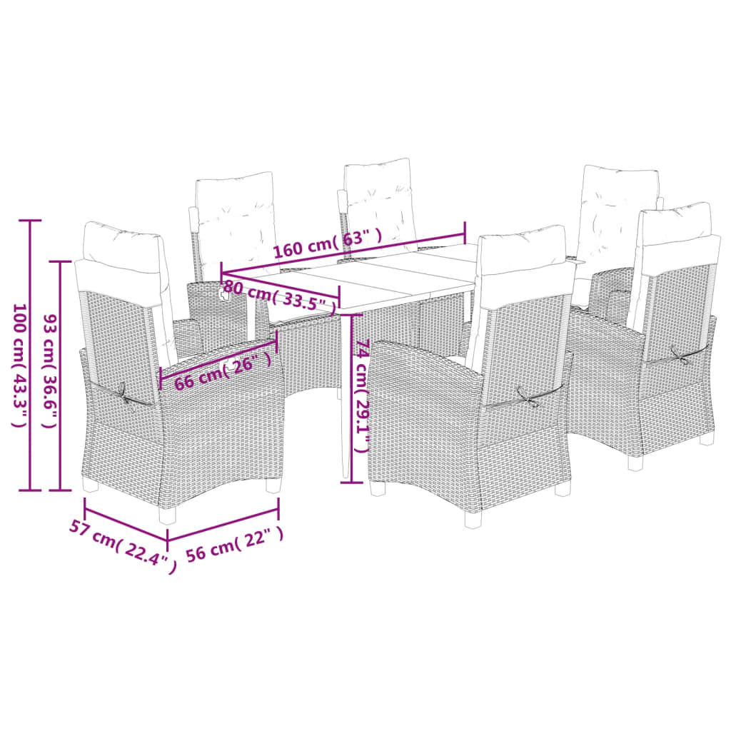 vidaXL Ensemble à manger de jardin et coussins 7 pcs marron rotin