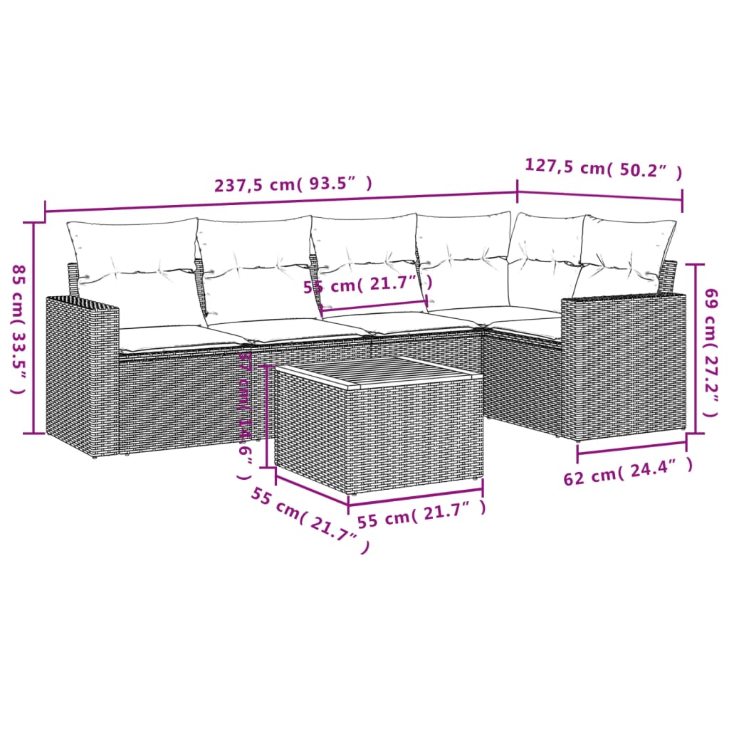 vidaXL Salon de jardin 6 pcs avec coussins noir résine tressée