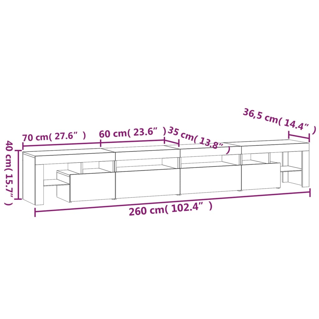 vidaXL Meuble TV avec lumières LED Gris béton 260x36,5x40 cm