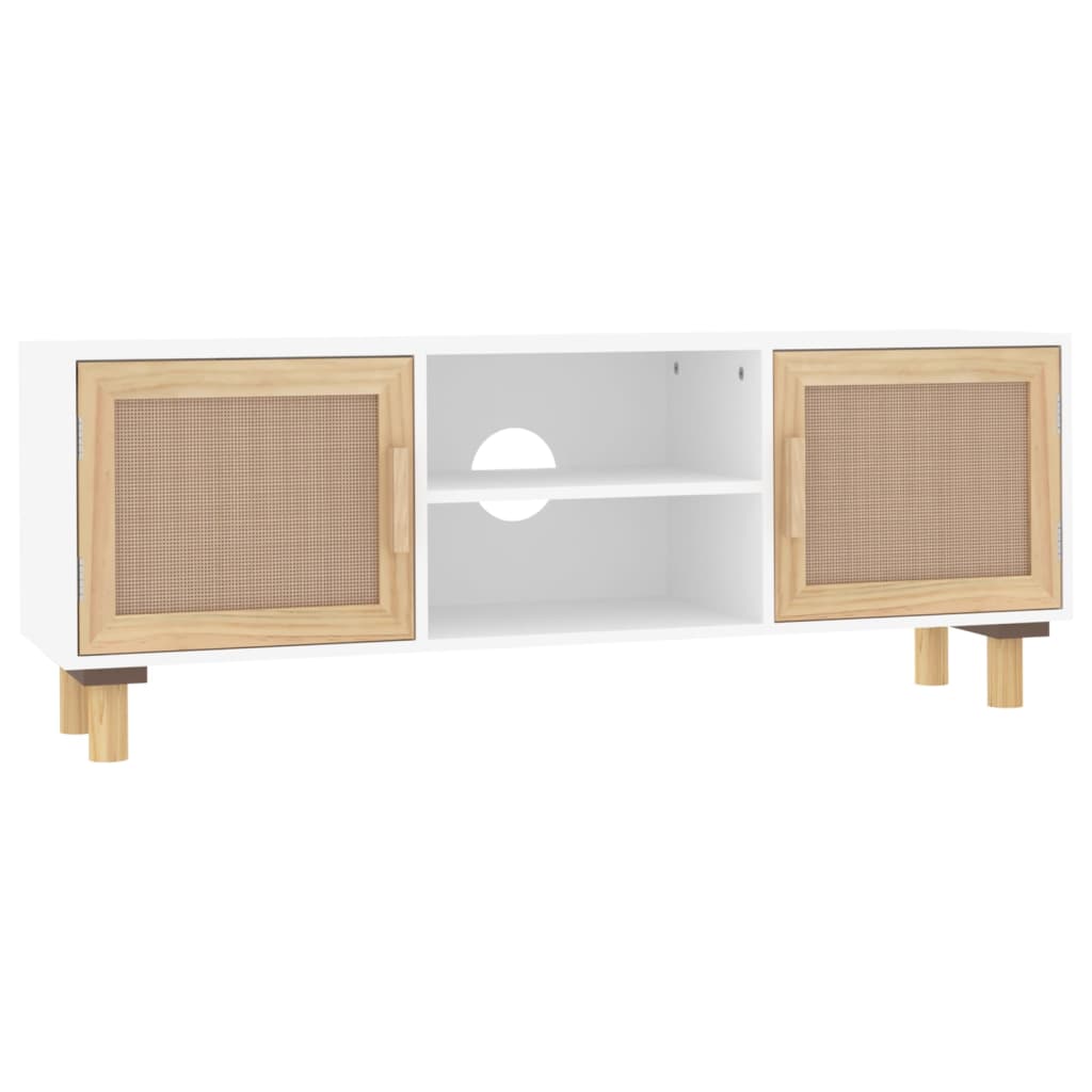 vidaXL Meuble TV Blanc 105x30x40cm Bois de pin massif et rotin naturel