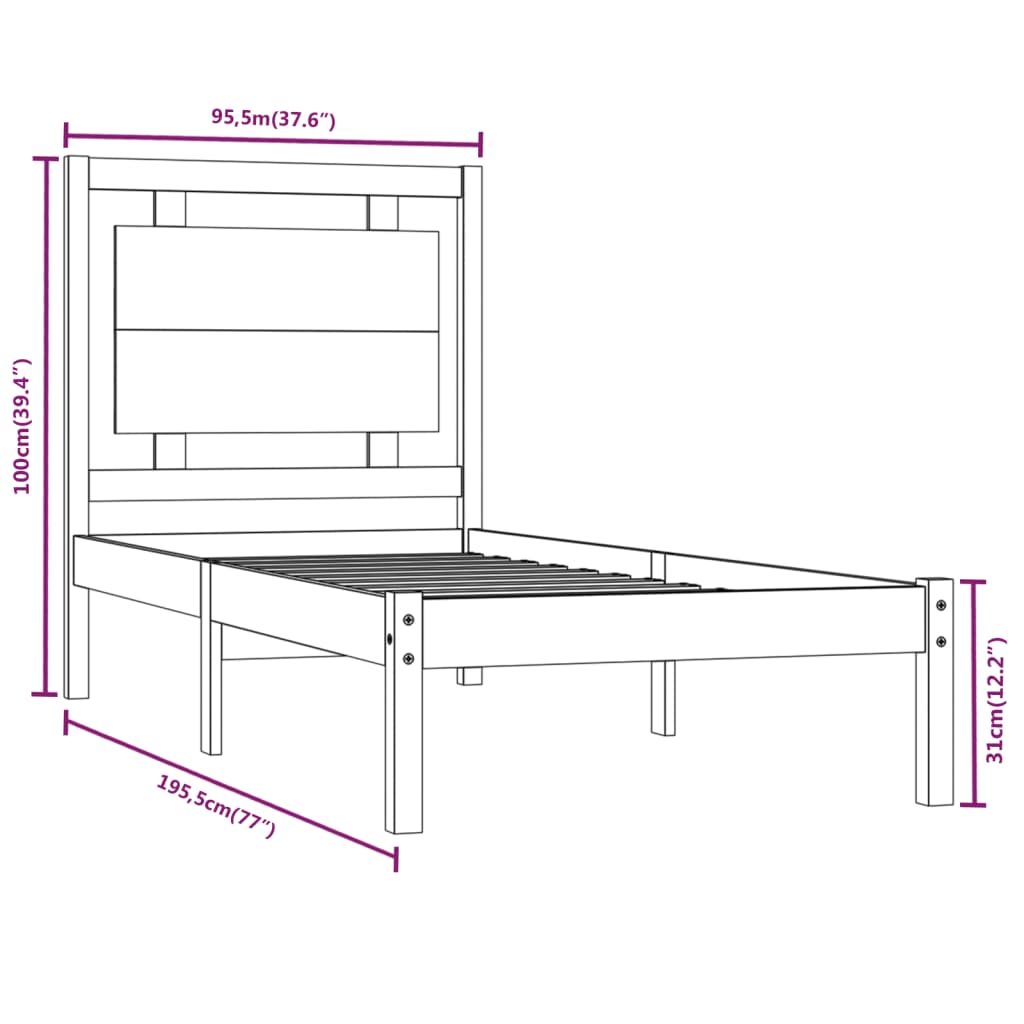 vidaXL Cadre de lit Noir Bois massif 90x190 cm Simple