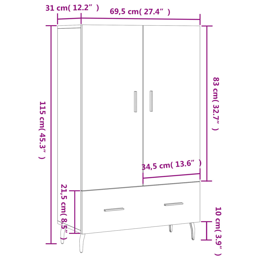 vidaXL Buffet haut chêne marron 69,5x31x115 cm bois d'ingénierie