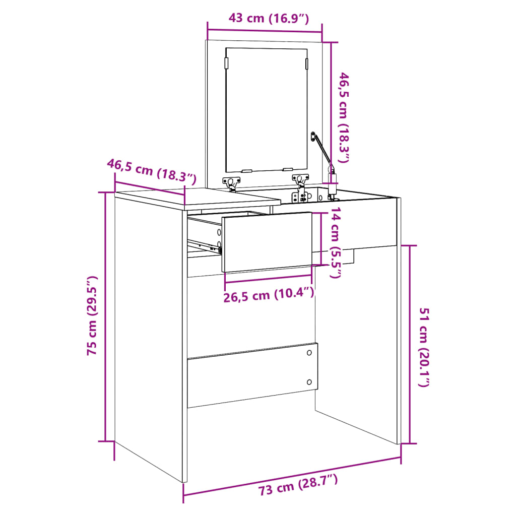 vidaXL Coiffeuse avec miroir chêne fumé 73x46,5x120 cm