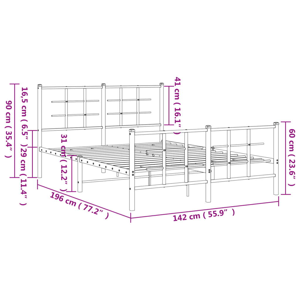 vidaXL Cadre de lit métal sans matelas et pied de lit blanc 135x190 cm