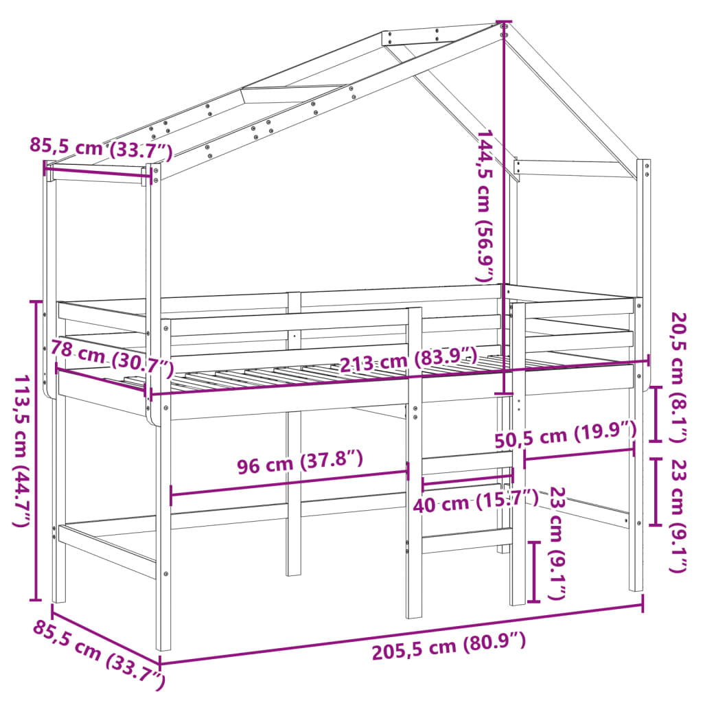 vidaXL Lit superposé et échelle et toit 80x200 cm bois de pin massif