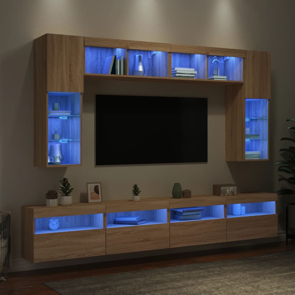 vidaXL Ensemble de meubles TV muraux 8pcs et lumières LED chêne sonoma