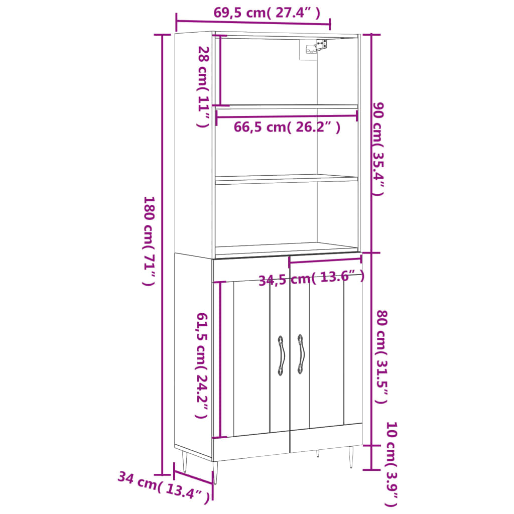 vidaXL Buffet haut Chêne marron 69,5x34x180 cm Bois d'ingénierie