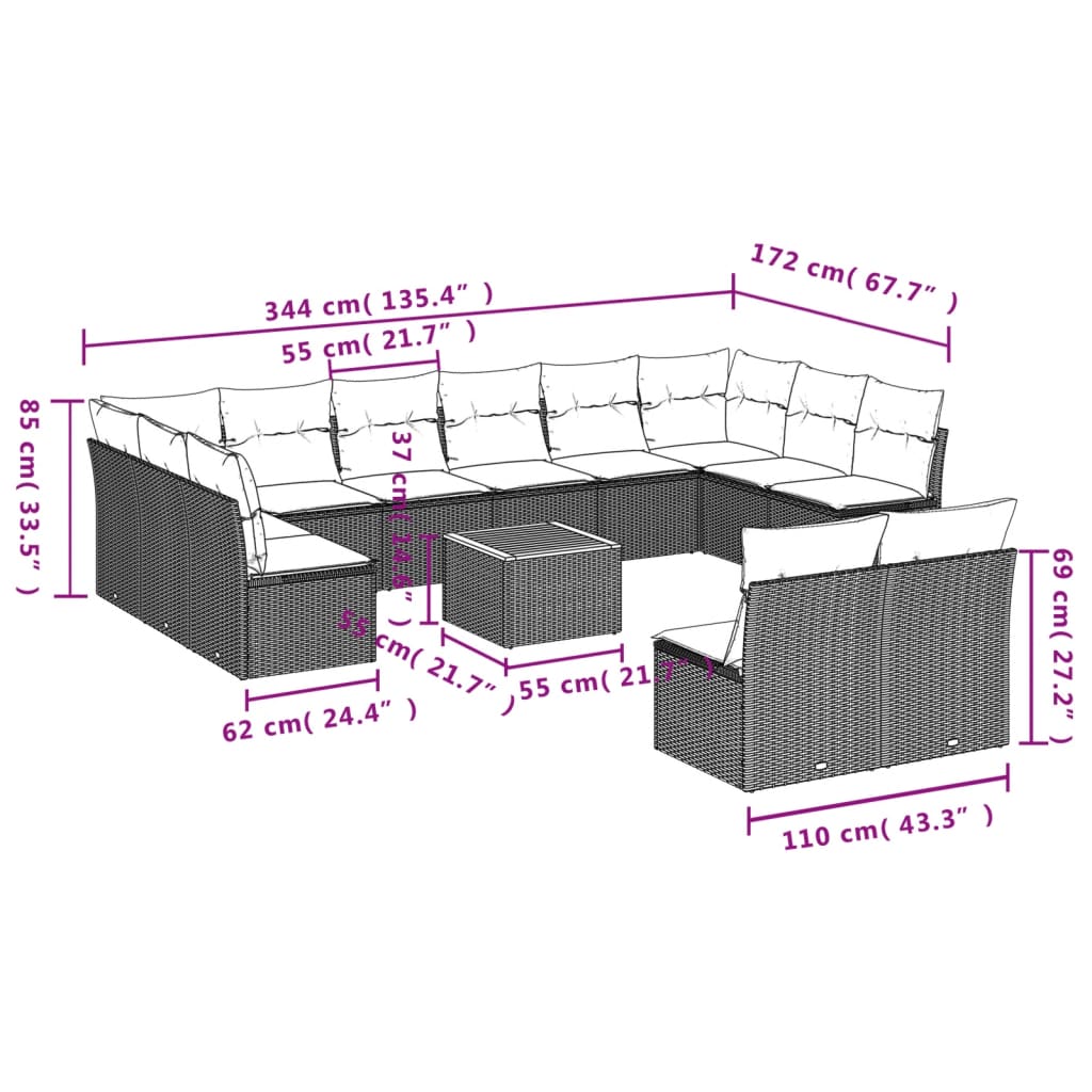 vidaXL Salon de jardin avec coussins 13 pcs gris résine tressée