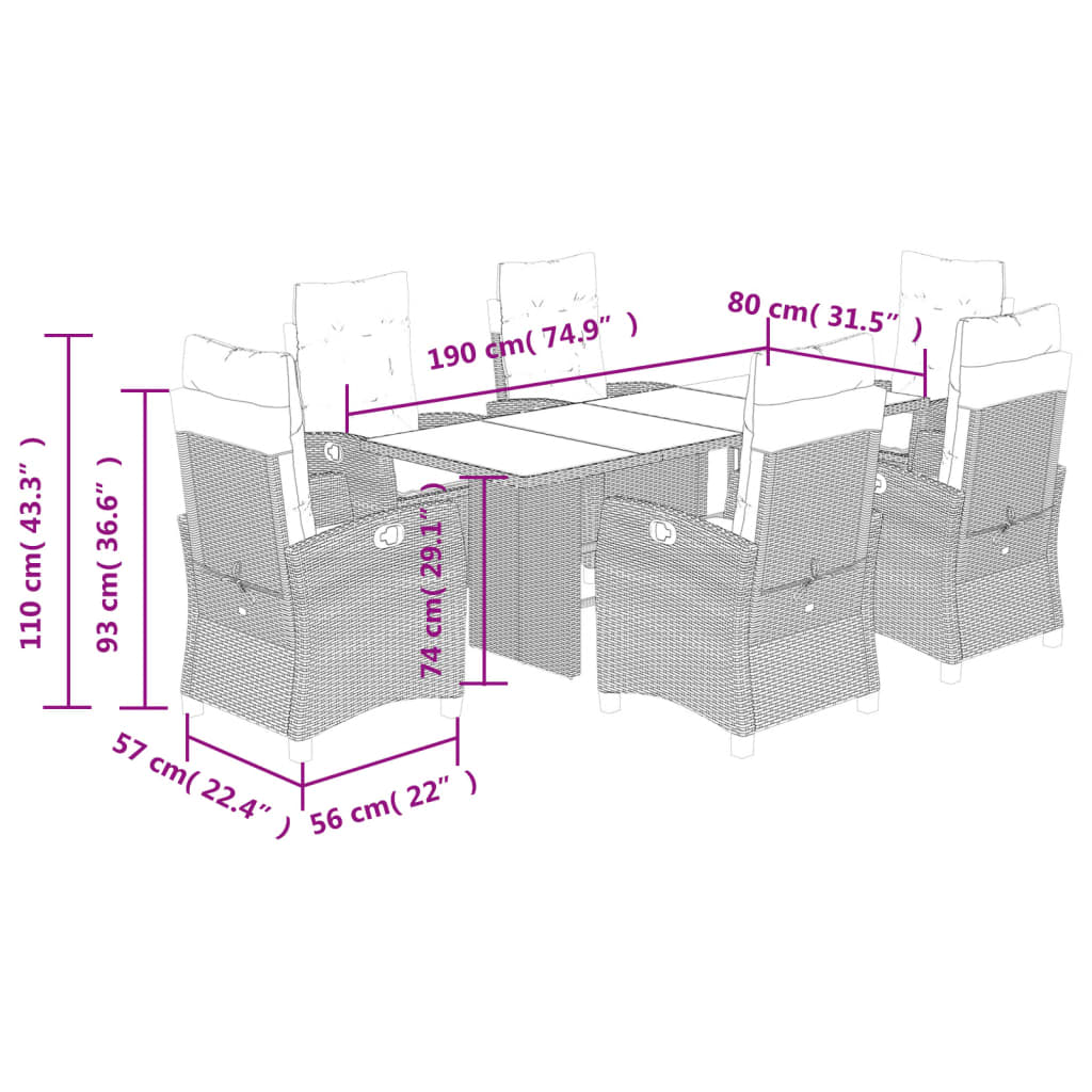 vidaXL Ensemble à manger de jardin et coussins 7 pcs gris rotin