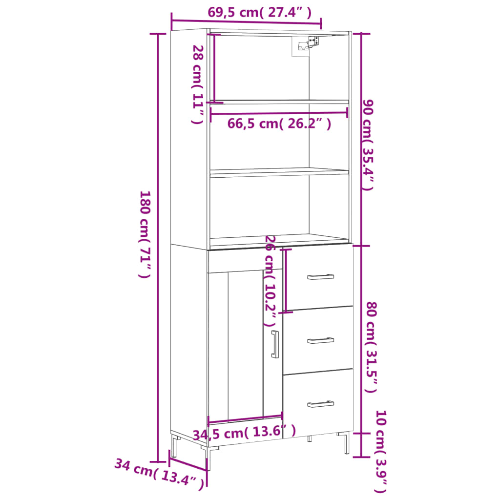 vidaXL Buffet haut Blanc 69,5x34x180 cm Bois d'ingénierie