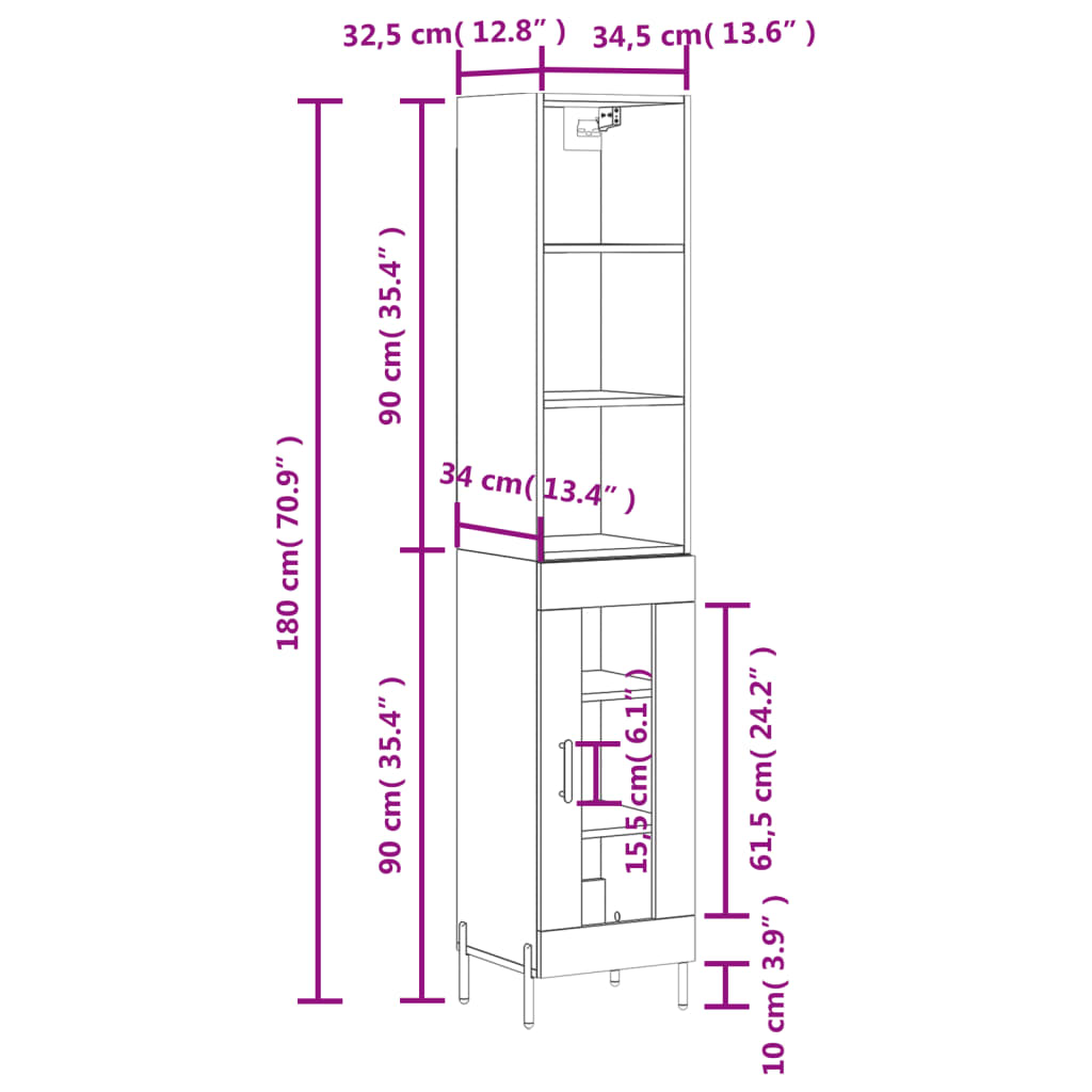 vidaXL Buffet haut Blanc brillant 34,5x34x180 cm Bois d'ingénierie