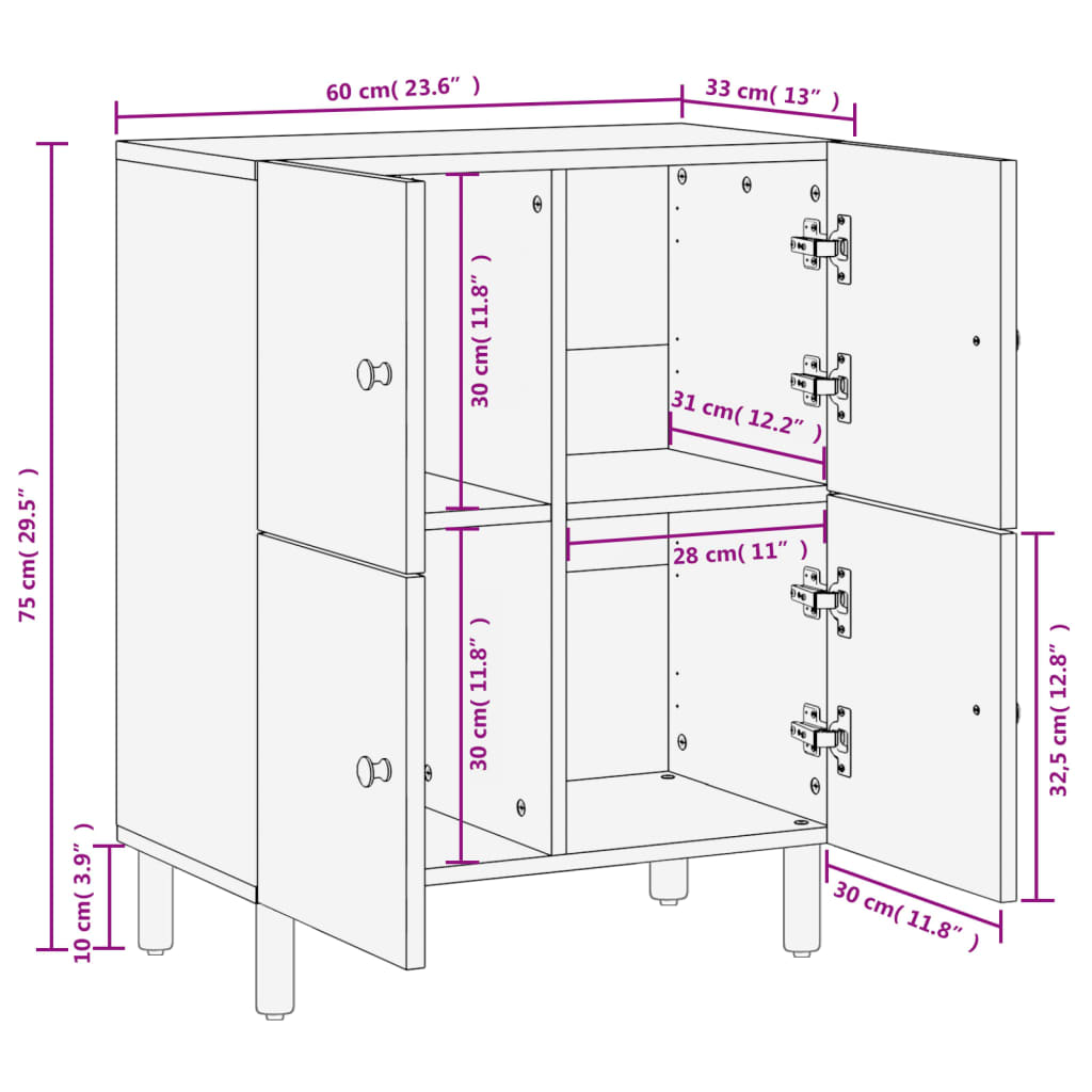 vidaXL Armoire latérale noir 60x33x75 cm bois massif de manguier