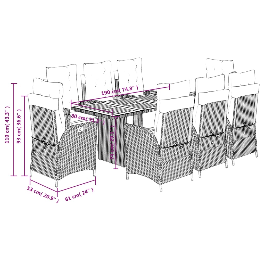 vidaXL Ensemble à manger de jardin 9pcs coussins noir résine tressée