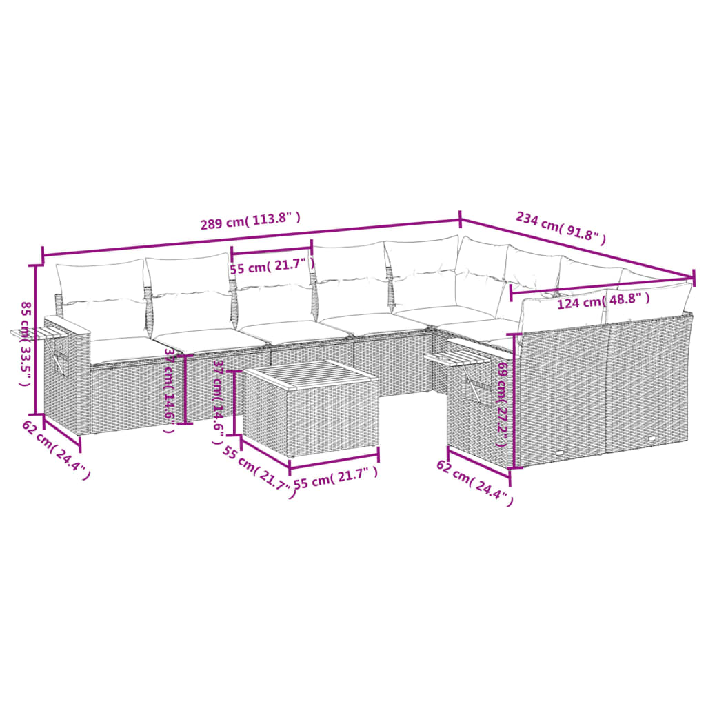 vidaXL Salon de jardin avec coussins 10 pcs gris résine tressée