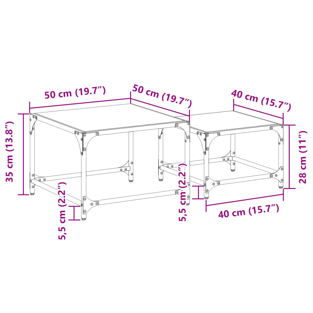 vidaXL Tables basses gigognes 2 pcs dessus en verre transparent acier