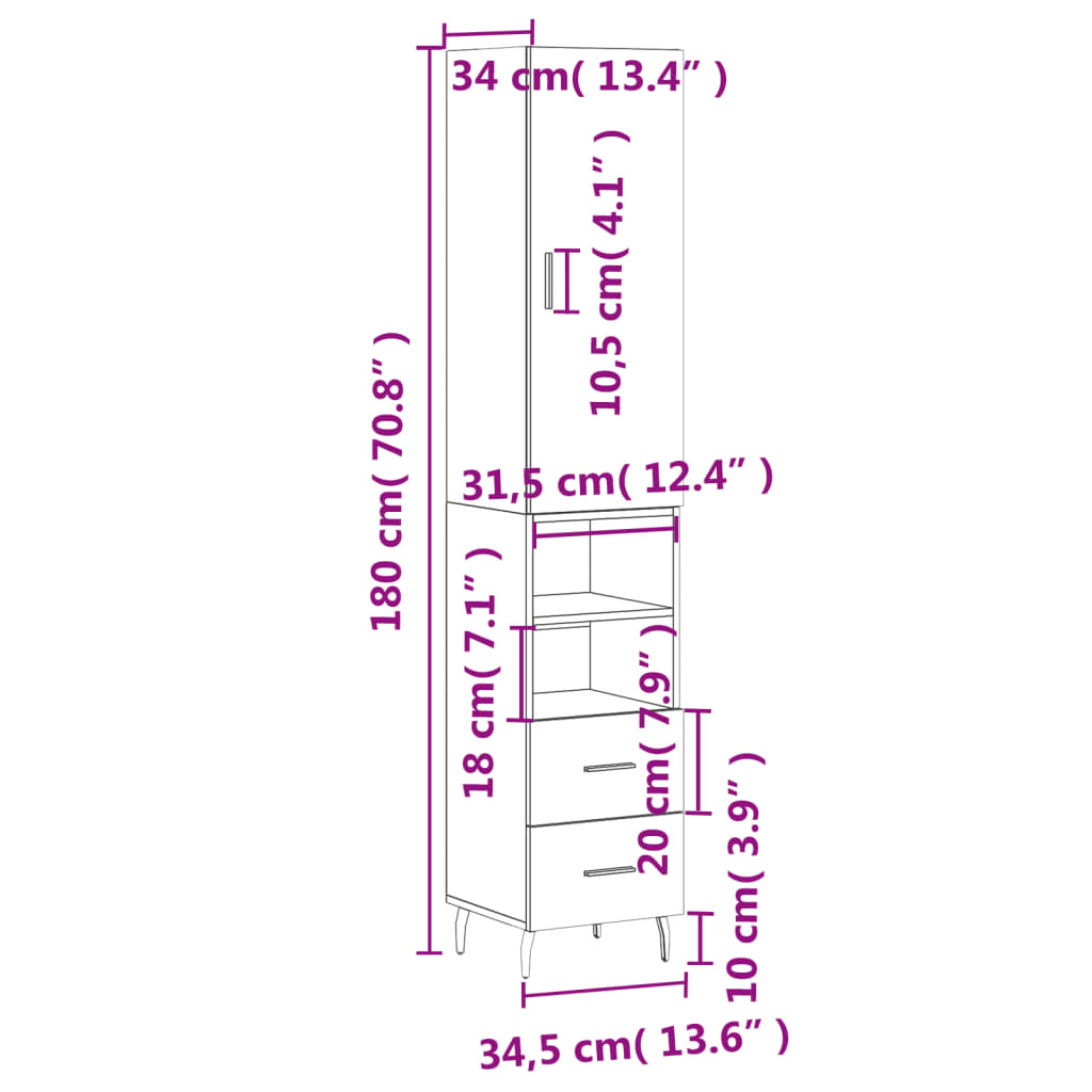 vidaXL Buffet haut Chêne sonoma 34,5x34x180 cm Bois d'ingénierie