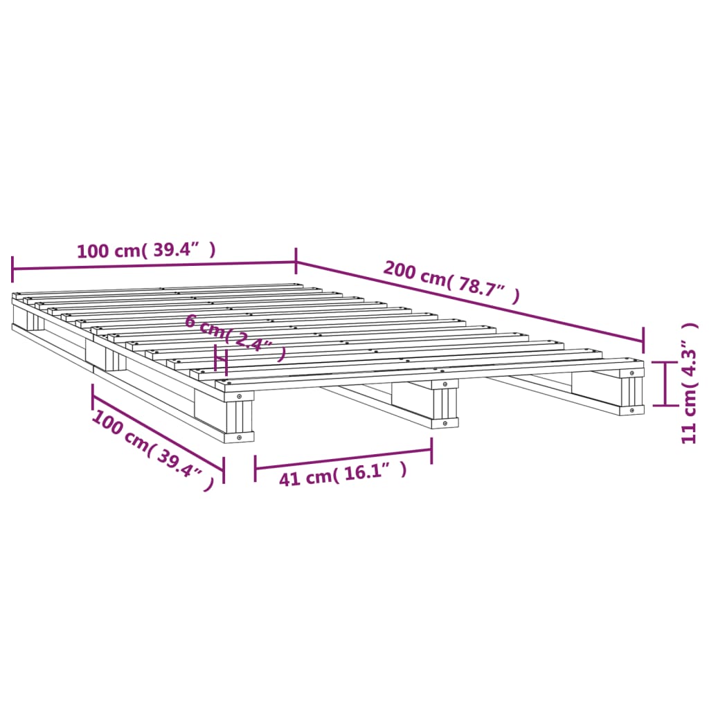 vidaXL Lit de palette gris 100x200 cm bois de pin massif