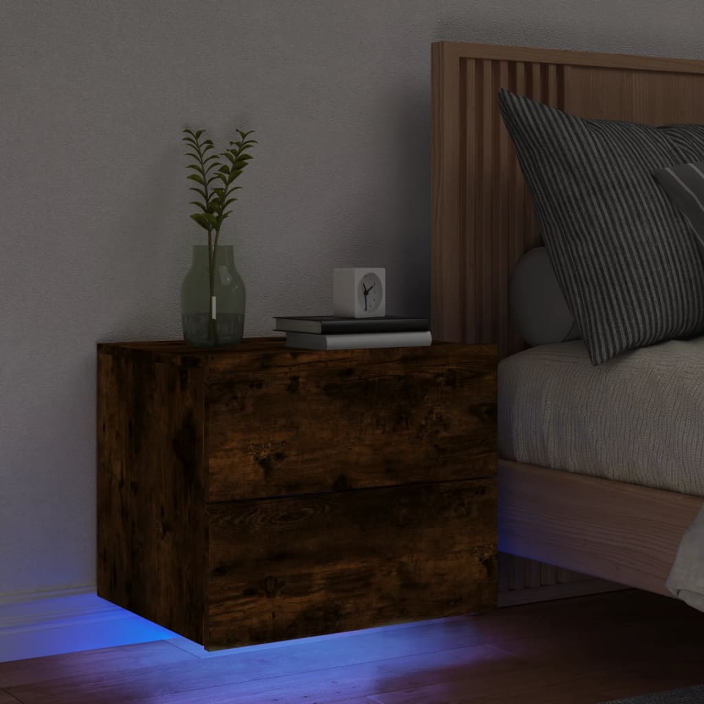 vidaXL Table de chevet murale avec lumières LED chêne fumé