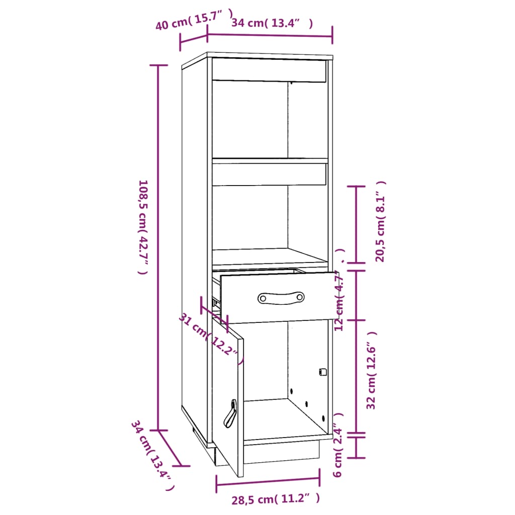 vidaXL Buffet haut Blanc 34x40x108,5 cm Bois massif de pin