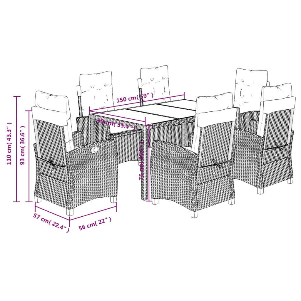 vidaXL Ensemble à manger de jardin et coussins 7 pcs gris rotin